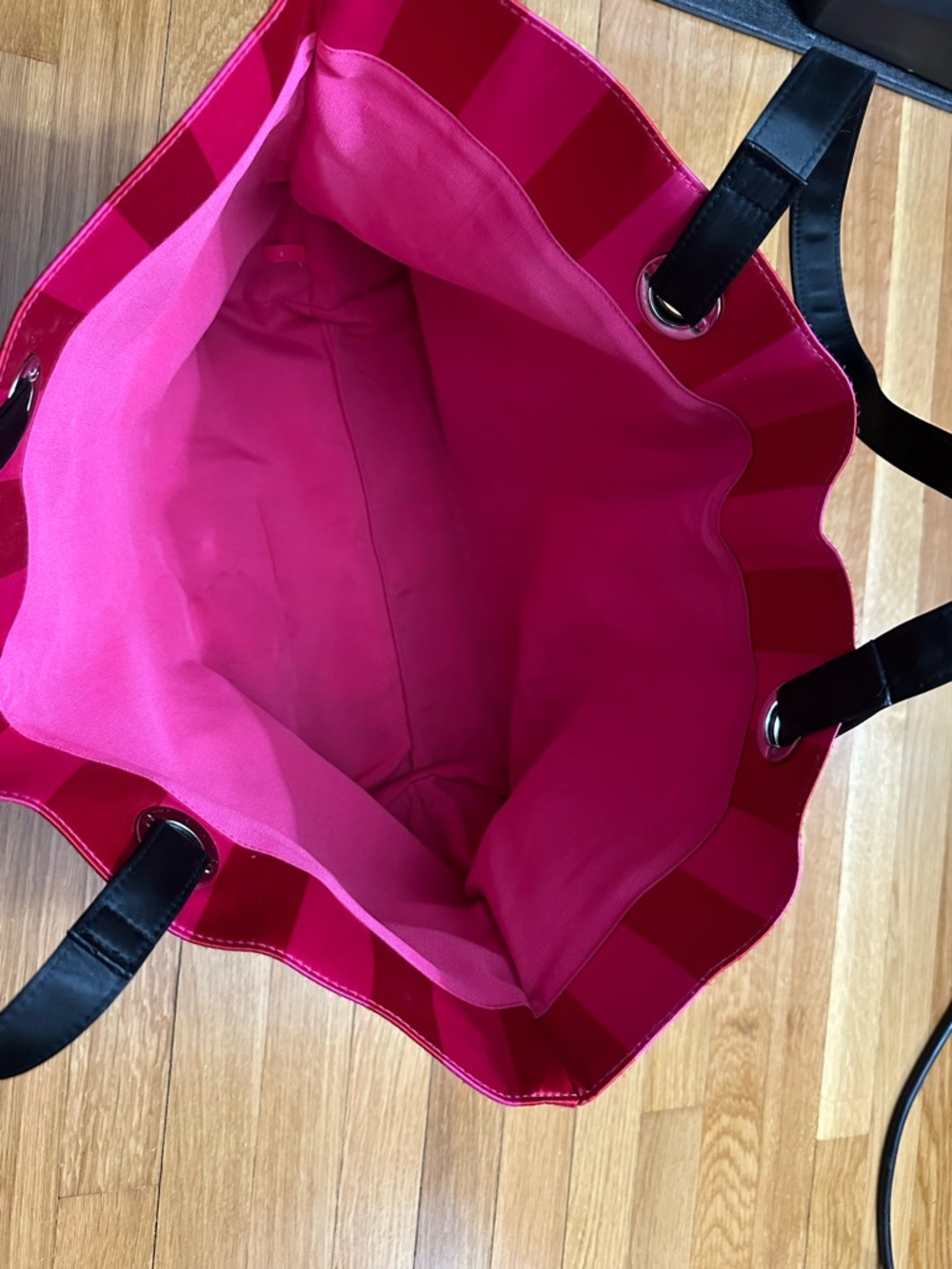 Victoria's Secret Holiday Hot Pink Striped Tote with Black Straps - Picture 2 of 3